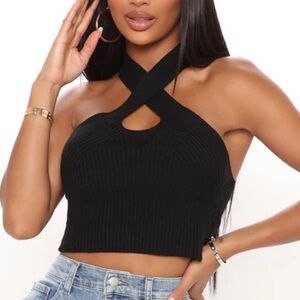 Black Halter Neck Ribbed Crop Top